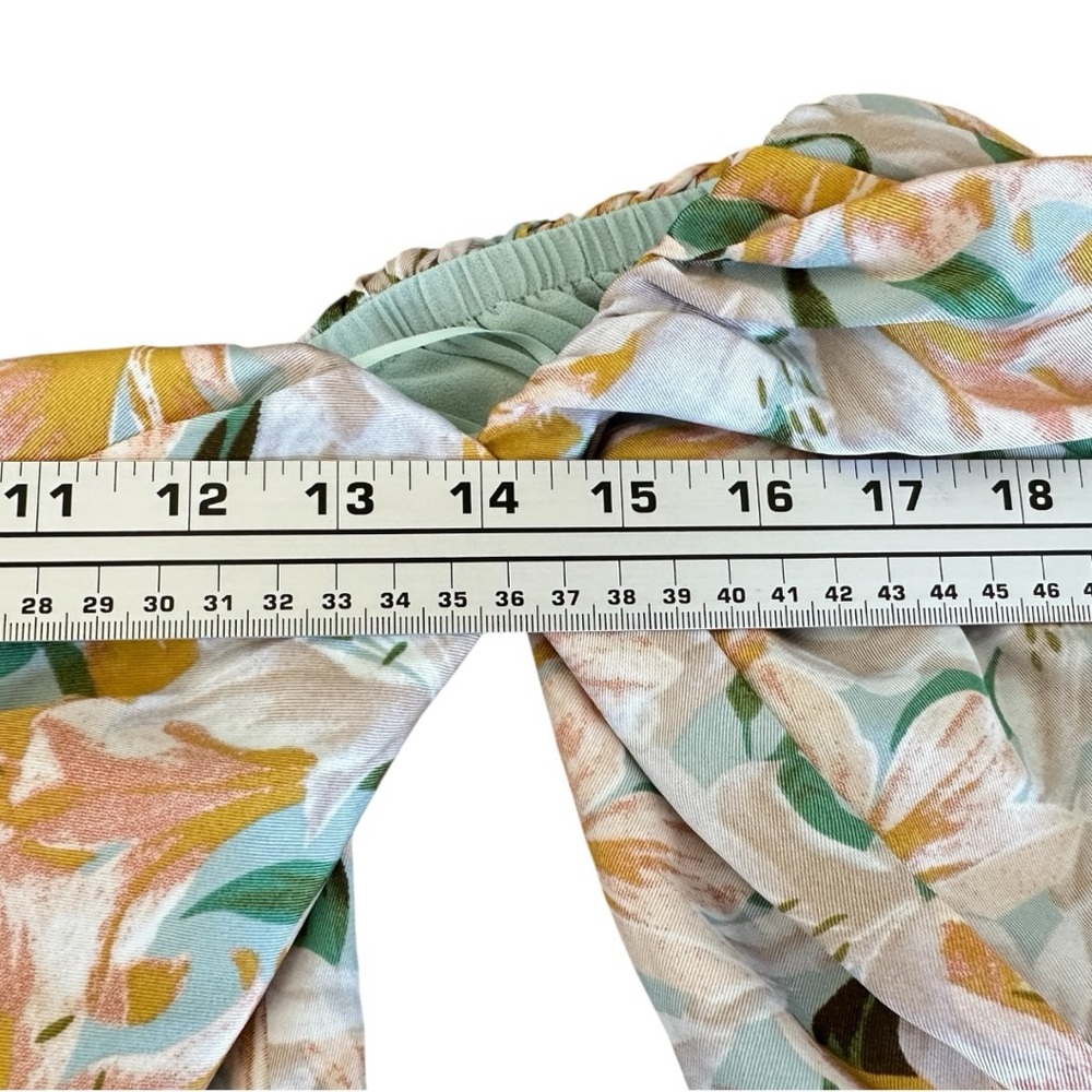 ASTR Floral Strapless Midi Dress Puff Sleeve Sweetheart Slit Yellow Green S - Picture 10 of 16